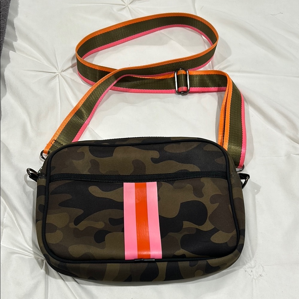 Camouflage Crossbody Bag with Pink and Orange Accents